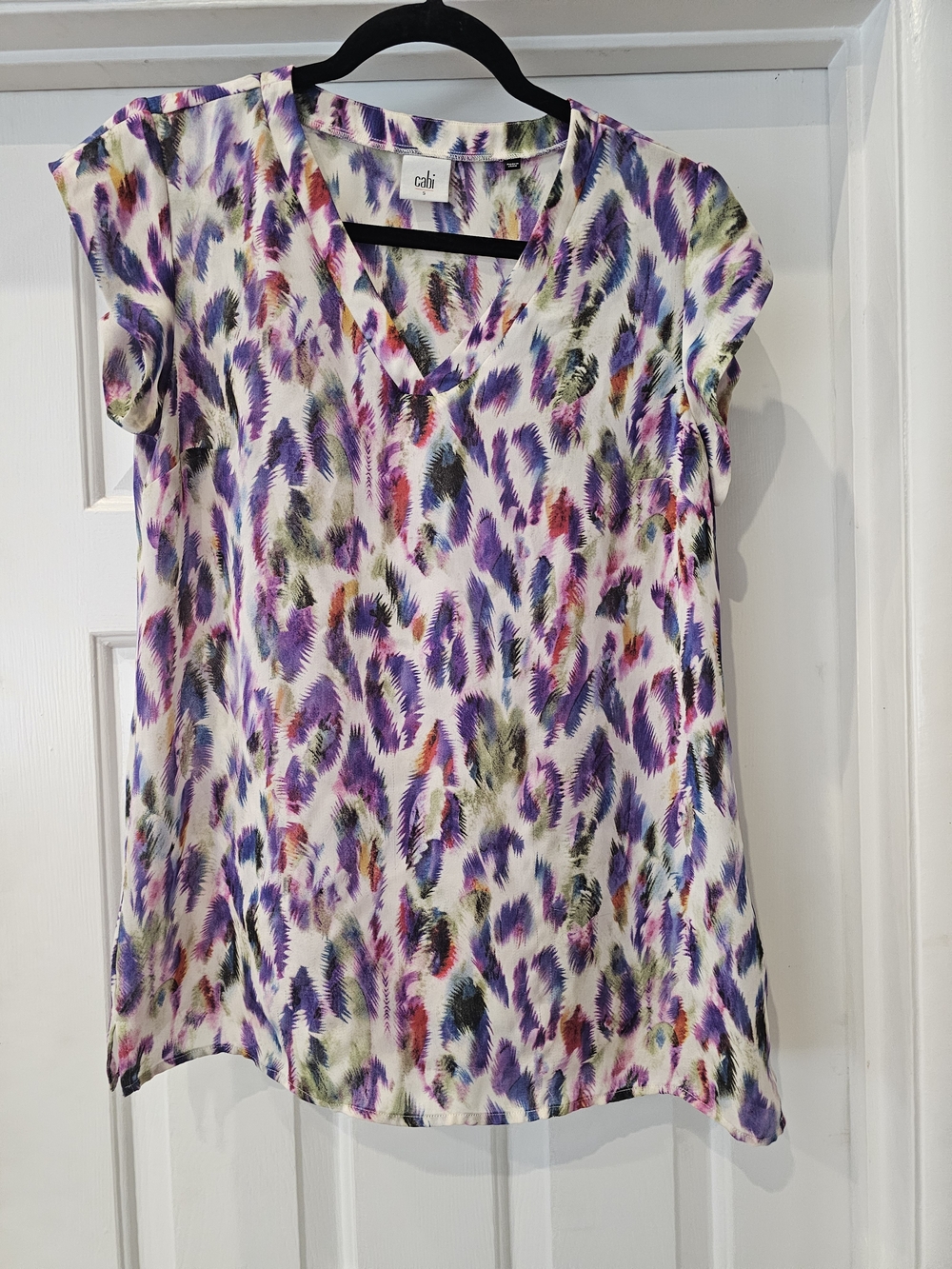 CAbi Purple Multi-Print V-Neck Cap Sleeve Top